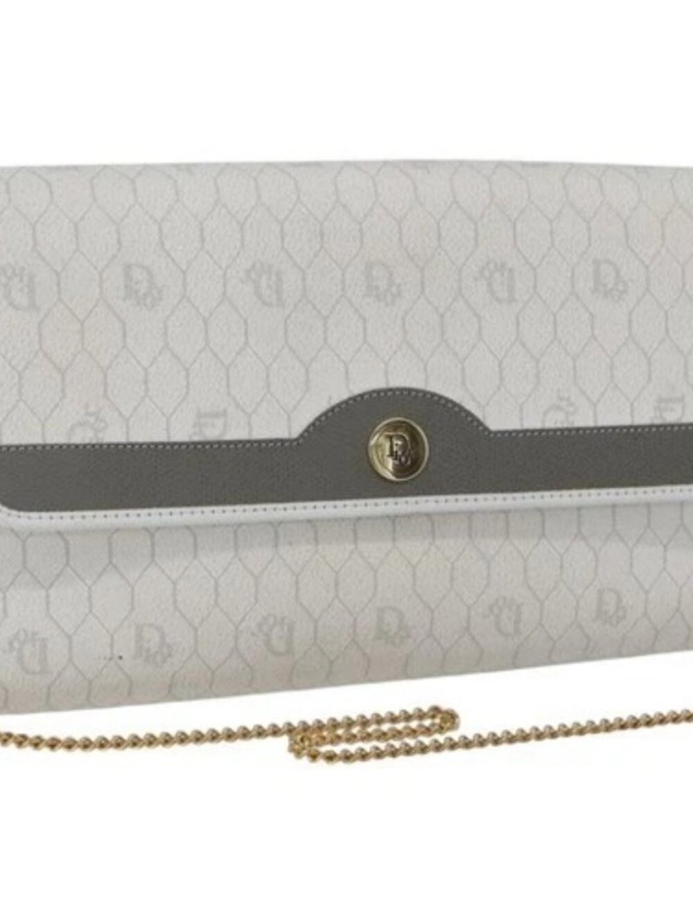 Christian Dior Honeycomb Canvas Chain Shoulder Bag PVC White Gold Auth 173462 - Picture 1 of 15